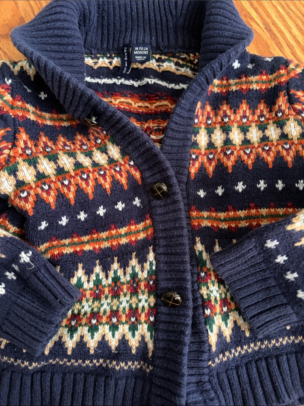 Janie and Jack Navy Fair Isle Shawl-Collar Cardigan with Multicolor Pattern